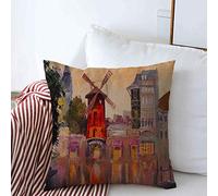 Funda De Almohada Cuadrada Acuarela Paisaje Urbano Francés Moulin Rouge Parques De París Lienzo Colorido Ciudad De Francia Fundas Cojine Sofá Cubierta Almohada, para Oficina, Jardín, 45x45cm