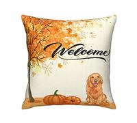 Funda De Almohada Cute Dog Autumn Maple Trees Gold Pumpkins Fall Watercolor Painting Almohada Caso Duradera Throw Pillow Case Transpirable Cojin Fundas para Sofá Home Dormitorio 45X45 CM