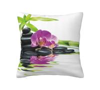 Funda de almohada de poliéster con piedras de masaje zen con estampado de orquídea morada, cremallera oculta, funda de almohada decorativa con impresión de doble cara