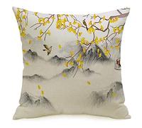 Funda de Almohada Funda de cojín Color Aislado Flor Planta Paisaje con colinas Bosque Niebla Árbol Temporada Naturaleza Texturas Primavera Uno Cozy Linen Square Fundas de Almohada Decorativas para s