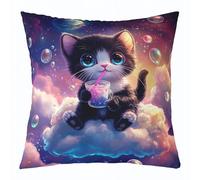 Funda De Almohada Gato Kawaii Universo Negro Cielo Estrellado Niños Niñas Animal Burbujas 45X45Cm Funda Almohada Suave Decorativa Pillow Cover para Hogar Aire Libre Oficina