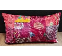 Funda de almohada hecha a mano de seda vintage con retazos de sari kantha, manta vintage decorativa para el hogar, funda de almohada lumbar bohemia (rosa, 20 x 36 pulgadas)