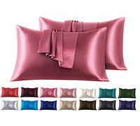 Funda de Almohada Satén 50 x 90 cm, Paquete de 2 Fundas de Almohadas Saten Pelo Rizado Súper Suaves, Fundas con Cierre de sobre, Protege Cabello y Piel, Rosa Oscuro