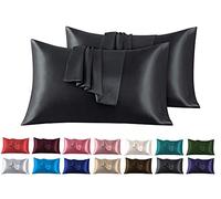 Funda de Almohada Satén 50 x 90 cm, Paquete de 2 Fundas de Almohadas Saten Pelo Rizado Súper Suaves, Fundas con Cierre de sobre, Protege Cabello y Piel, Negro