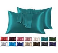 Funda de Almohada Satén 50 x 90 cm, Paquete de 2 Fundas de Almohadas Saten Pelo Rizado Súper Suaves, Fundas con Cierre de sobre, Protege Cabello y Piel, Agua Verde