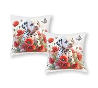 Funda de Almohada tamaño Queen con diseño de Cachorro dálmata y Amapolas, Lavable a máquina, Personalizada, para sofá, sillón o Dormitorio, Decorativa, 45 x 45 cm.