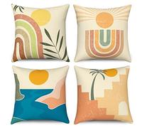 Funda de Cojín Boho 50x50 Juego de 4, Hnmdmyi Mid Century Abstracto Hoja Sol Arco Iris Cojín Decorativo Cubiertas Arte Estético Geométrico Moderno Funda de Cojín de Lino Para Sofá Decoración del Hogar