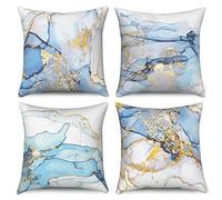 Funda de Cojín Mármol 40x40 Juego de 4, Hnmdmyi Azul Gradiente de Oro Abstracto Mármol Textura Tinta Cojín Decorativo Acuarela Arte Moderno Funda de Cojín de Lino para Sofá Jardín Decoración del Hogar