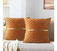 Funda de Cojín Moderno Marrón 50x50 cm Decorativos Terciopelo Funda de Almohada Estar Tira Dorada de Suave Cojín de Sofá para Sala Dormitorio Cama Patio Cortijo Oficina Juego de 2