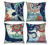 Funda de Cojín Náutico 40x40 Juego de 4, Hnmdmyi Costa Mediterránea Playa Tortuga de Mar Caballito de Mar Ballena Pulpo Decorativas Funda de Cojín de Lino del Océano para Sofá Cama Exterior Home Decor