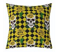 Funda de cojín reversible con diseño de calavera gótica de cuadrícula amarilla, 40,6 x 40,6 cm, diseño geométrico, hojas florales, para niños, adultos, adolescentes