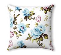 Funda de Cojines 45x45 Flores Verdes Azul Cojines Cama Sofa Lino Lavable Cuadrado con Cremallera Invisible Funda Cojin para Sofa Hogar Decoración Jardín Oficina Coche