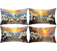 Funda de Cojines 50x100cm Rectangular Funda de Cojín, Lino Cojines Sofá Funda de Almohada Decorativo Para Silla Cama Habitación Dormitorio Salón Sala de Estar 4 Piezas - Rosas con vistas al mar D-266