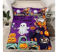 Funda de colchón de Halloween tamaño L, sábana bajera morada con 1 funda de almohada, lindo fantasma murciélago calabaza granja camión impresión microfibra protector de colchón para niños, sin hoja