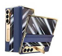 Funda De Cuero Genuino For Samsung Galaxy Z Fold 7, Carcasa A Prueba De Golpes De Cuerpo Completo, Funda Galvanizada con Soporte Invisible De Estilo Empresarial(Blue)