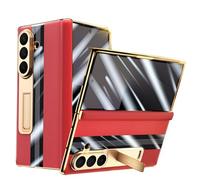 Funda De Cuero Genuino For Samsung Galaxy Z Fold 7, Carcasa A Prueba De Golpes De Cuerpo Completo, Funda Galvanizada con Soporte Invisible De Estilo Empresarial(Red)