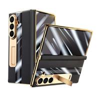 Funda De Cuero Genuino For Samsung Galaxy Z Fold 7, Carcasa A Prueba De Golpes De Cuerpo Completo, Funda Galvanizada con Soporte Invisible De Estilo Empresarial(Black)