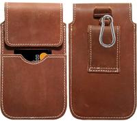 Funda de cuero genuino para cinturón TCL 605 | Riñonera con mosquetón y lazo | Funda de protección lateral transversal de cuero | XL marrón