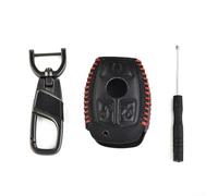 Funda de cuero para llave con cadena para Mercedes para Benz, protege las llaves remotas de 3 botones (línea negra + roja)
