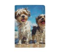 Funda de cuero para pasaporte para mujer, Cute Dogs on Beach Blue Sky