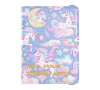 Funda de cuero personalizada para pasaporte con unicornios arcoíris morados, cartera de pasaporte de viaje personalizada con ranura para tarjeta de vacunación, bonito libro de pasaporte, ligero,