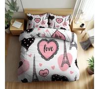Funda de Edredón 180 x 220 cm Blanco Juego de Cama, Torre Eiffel Texto de Corazón Motivo Adulto Hombres Adolescentes Niño Juegos de Funda de Edredón