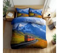 Funda de Edredón 220 x 240 cm Azul Celeste Juego de Cama, Paisajes Naturales Montañas Trenes Motivo Adulto Hombres Adolescentes Niño Juegos de Funda de Edredón