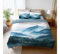 Funda de Edredón 220 x 240 cm - Suave y Lujoso Ropa de Cama - Acuarela Paisaje montañas y bosques Estampado Fino y Detallado Funda nórdica Cama 150 con Funda de Almohada Cremallera 50x75cm Azul