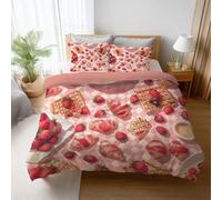 Funda de Edredón 220 x 240 cm - Suave y Lujoso Ropa de Cama - Lindo Comida Fresa Estampado Fino y Detallado Funda nórdica Cama 150 con Funda de Almohada Cremallera 50x75cm Rosa