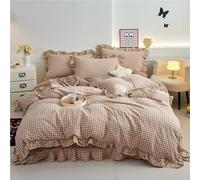 Funda de Edredón a Cuadros Gingham Rosa con Volantes 4 Piezas Tamaño Queen, 100% Algodón Lavado Respirable Ligero, Ropa de Cama Suave Todas Estaciones Estilo Vintage(Khaki,2.0m Flat Sheet)