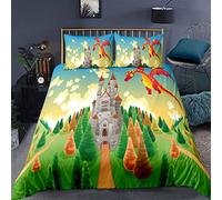 Funda de edredón de fantasía,dragón de Lindos idos de Castillo Medieval mitos de Cuento de Hadas,para niños,Juego de Cama 3 Piezas King (1 Juego de 2 Fundas de Almohada)