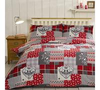 Funda de edredón nórdico de Christmas Patchwork con 2 Fundas de Almohada: Hecha 100% de Franela de algodón, en Tonos Rojos y Multicolor, algodón, Red/Multi-Colour, Matrimonio Grande