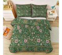 Funda de edredón Reversible para Cama 150 260 x 220 cm, Verde Suave Microfibra 3 Piezas Compuesto, William Morris Botánico Flores Silvestres Patron Cuidado fácil Juegos de Cama - 2 Funda de Almohada