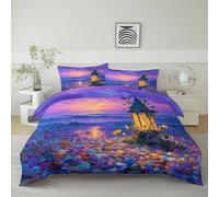 Funda de edredón Reversibles Faro Soñador Olas del Océano Rayas, Morado Suave y Acogedor Lujo Juego de Cama Antialérgico Anti Decoloración Funda Nórdica de Edredón Estampada 200 x 200 cm
