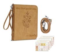 Funda de la Biblia personalizada para mujeres y hombres, grabado de nombre personalizado, funda de piel sintética con correa desmontable, bolsa de iglesia minimalista, 10 x 7 pulgadas, marrón