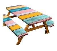 Funda de mesa de picnic ajustable con fundas de banco, funda de mesa de picnic al aire libre, 3 piezas, 8 pies, impermeable, elástico en todo el contorno, imitación de madera para picnic al aire libre