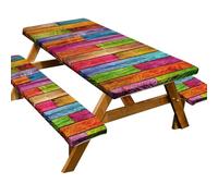 Funda de mesa de picnic ajustada con fundas de banco, funda de mesa de picnic al aire libre, 3 piezas, 2,4 m, impermeable, elástico en todo el contorno, imitación de madera para picnic al aire libre