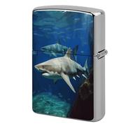 Funda de metal para encendedor, reutilizable, con tapa abatible, doble cara, resistente al viento y al agua, soporte para cigarrillos, bolsillo portátil, dos tiburones blancos, para papá, novio