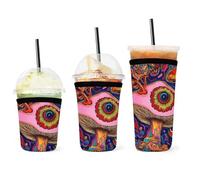 Funda de neopreno para café helado, fácil de limpiar, con diseño de ojo psicodélico, hongo mágico, sol, luna y flores, fundas aislantes duraderas para bebidas frías y calientes, preservación del calo