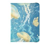 Funda de pasaporte de cuero azul con medusa de dibujos animados A River para viaje, tarjeta de vacuna, funda para pasaporte de hombre ligero, medusas de dibujos animados un río azul, 1 size, Medusas