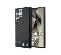 Funda de piel BMW Carbon Blue Line, negra - Samsung Galaxy S24 Ultra