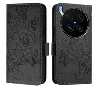 Funda de piel con diseño de rosas en relieve con bloqueo RFID, ranuras para tarjetas, soporte, correa de muñeca, cierre magnético, funda abatible a prueba de golpes para VIVO X300S 5G-A06