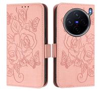 Funda de piel con diseño de rosas en relieve con bloqueo RFID, ranuras para tarjetas, soporte, correa de muñeca, cierre magnético, funda abatible a prueba de golpes para VIVO X300S 5G-A04