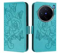Funda de piel con diseño de rosas en relieve con bloqueo RFID, ranuras para tarjetas, soporte, correa de muñeca, cierre magnético, funda abatible a prueba de golpes para VIVO X300 ULTRA 5G-A03