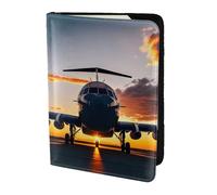 Funda de piel con estampado de avión al atardecer para mujeres y hombres, cartera de viaje para pasaporte, Negro -, Talla única