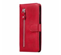 Funda de piel para Motorola Moto G35, funda con tapa y cremallera, piel sintética, funda de silicona con ranuras para tarjetas, función atril, correa de transporte, color rojo