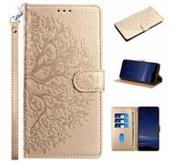 Funda de piel para OPPO Reno 14 5G, con diseño de árbol, piel sintética, con ranuras para tarjetas, para OPPO Reno 14 5G, dorado