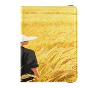 Funda de piel para pasaporte y tarjeta de vacunación, diseño de hombre de campo de trigo con sombrero blanco, funda para pasaporte, documentos de viaje, funda para pasaporte para hombres y mujeres
