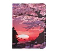 Funda de piel para pasaporte y tarjeta de vacunación, diseño de silueta de samurai bajo flores de cerezo, funda para pasaporte, documentos de viaje, funda para pasaporte para hombres y mujeres