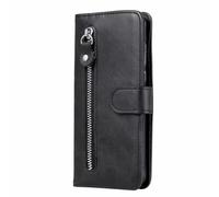 Funda de piel para Realme C75 4G, funda con tapa y cremallera, piel sintética, funda de silicona con ranuras para tarjetas, función atril, correa de transporte, color negro